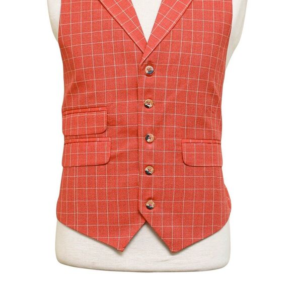 Mens Vest 44R Orange Beige Check Waistcoat XL Formal Wedding Prom Party Groom - Picture 5 of 9